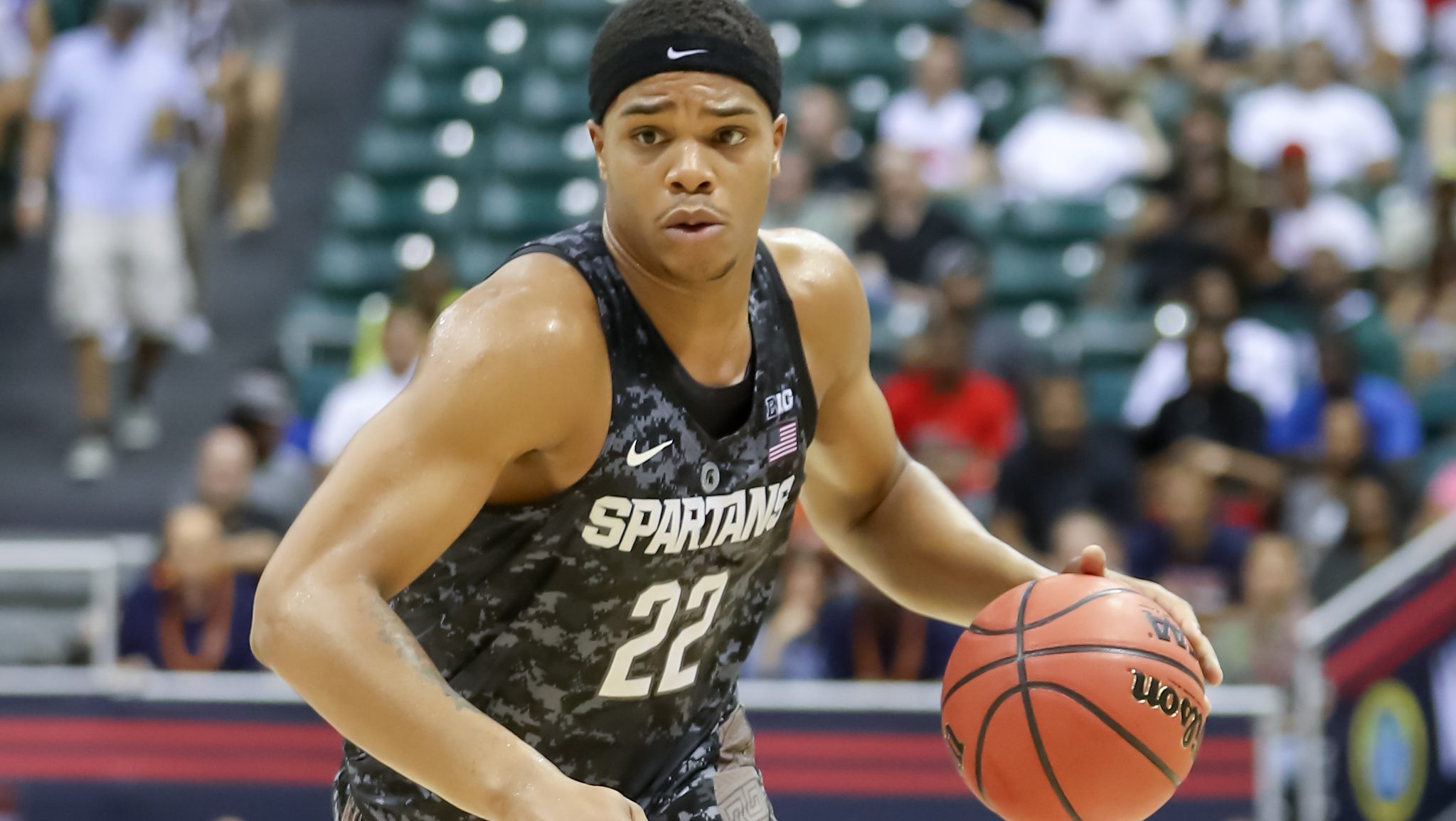 HONOLULU, HI - NOVEMBER 11: Miles Bridges #22 of the Michigan State Spartans drives to the basket during the first half of the Armed Forces Classic at the Stan Sheriff Center on November 11, 2016 in Honolulu, Hawaii. (Photo by Darryl Oumi/Getty Images)