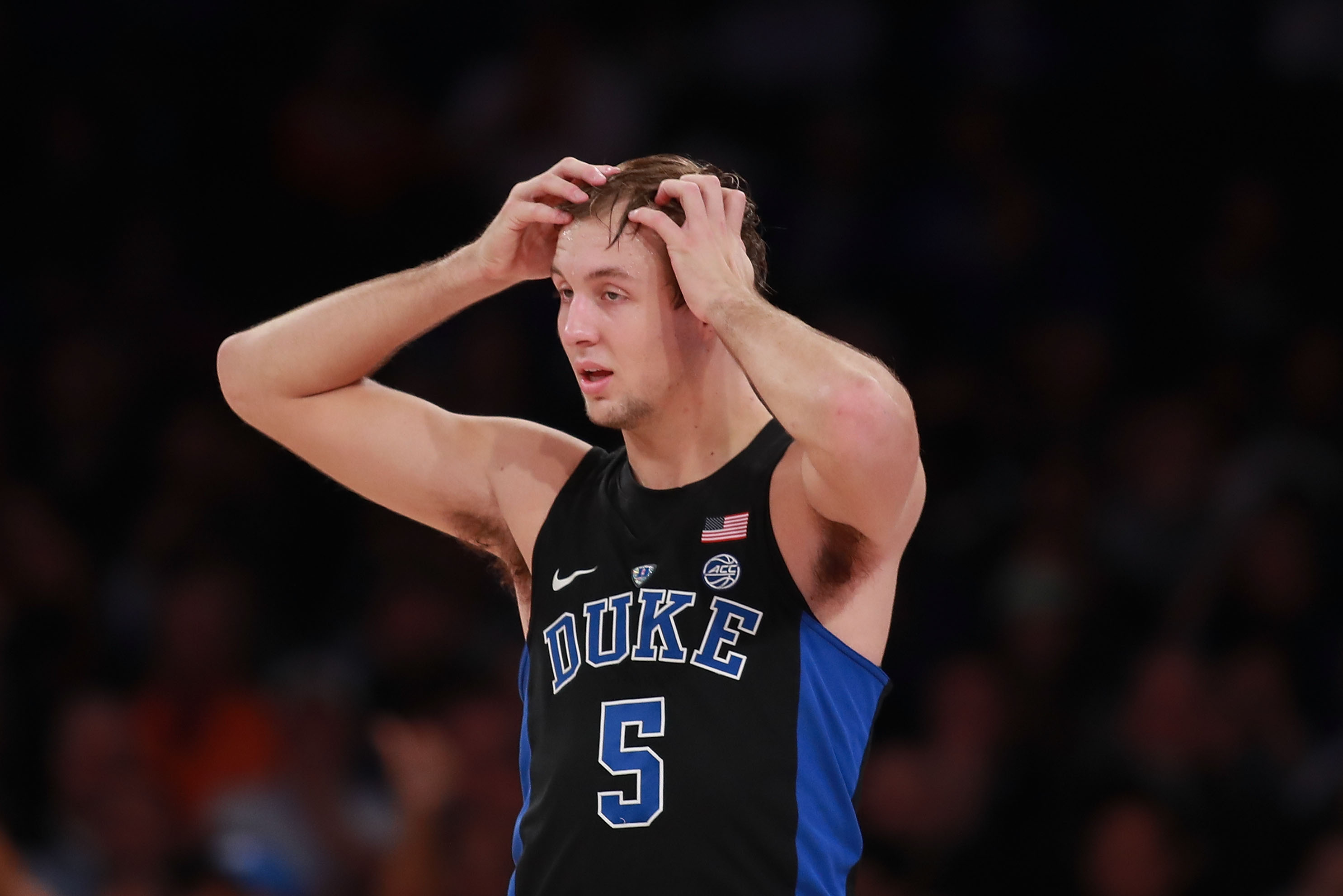 NEW YORK, NY - NOVEMBER 15: Luke Kennard #5 of the Duke Blue Devils reacts against the Kansas Jayhawks in the second half during the State Farm Champions Classic at Madison Square Garden on November 15, 2016 in New York City. (Photo by Michael Reaves/Getty Images)
