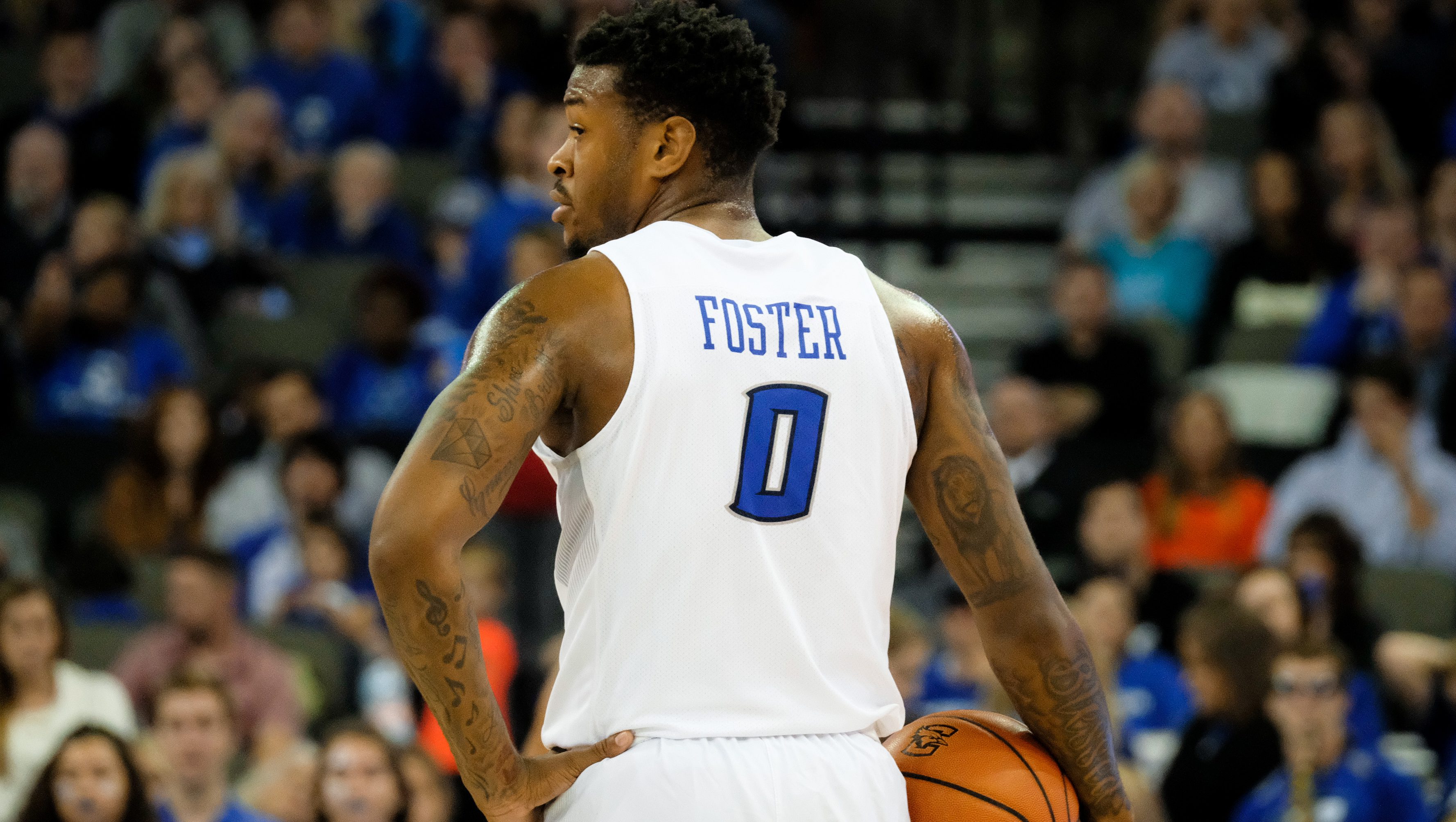 OMAHA, NEBRASKA-NOVEMBER 26: Marcus Foster #0 of the Creighton Bluejays take s a break during their game against the Loyola (Md) Greyhounds at the CenturyLink Center on November 26, 2016 in Omaha, Nebraska. (Photo by Eric Francis/Getty Images)