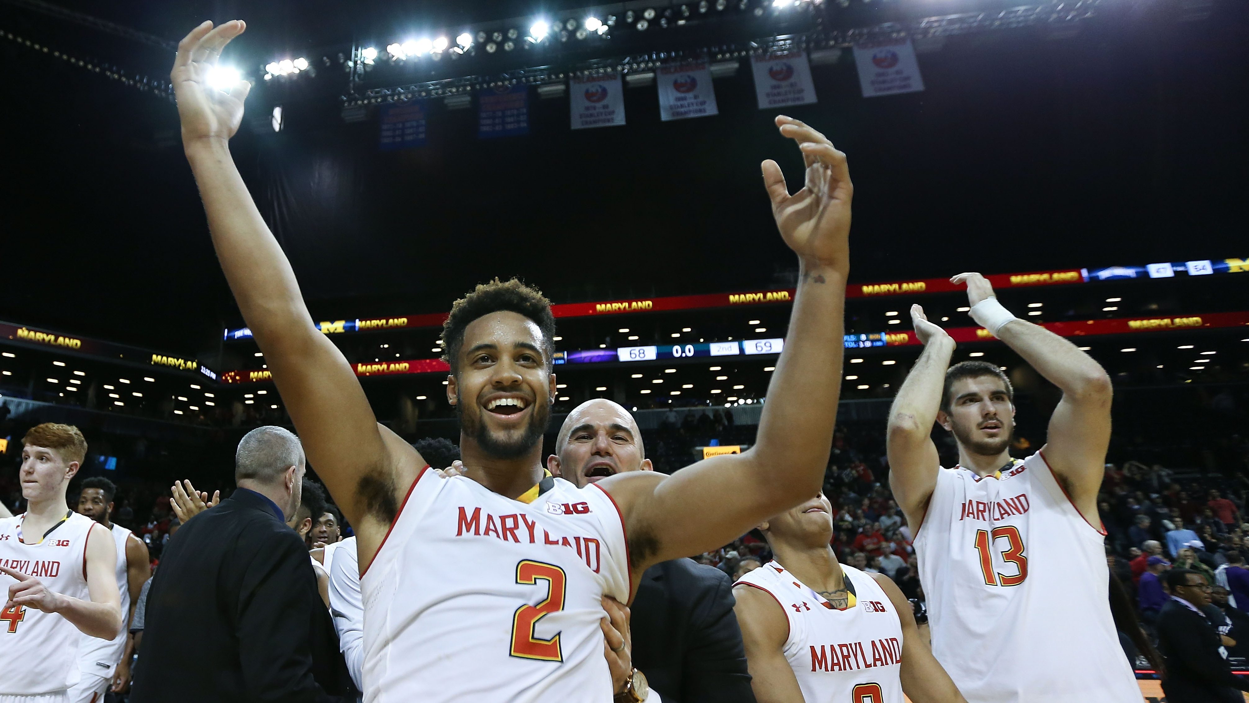 NEW YORK, NY - NOVEMBER 26:  Melo Trimble #2 of the Maryland Terrapins celebrates after hitting the game winning shot as they defeated the Kansas State Wildcats 69-68 during the championship game of the Barclays Center Classic at Barclays Center on November 26, 2016 in the Brooklyn borough of New York City.  (Photo by Michael Reaves/Getty Images)