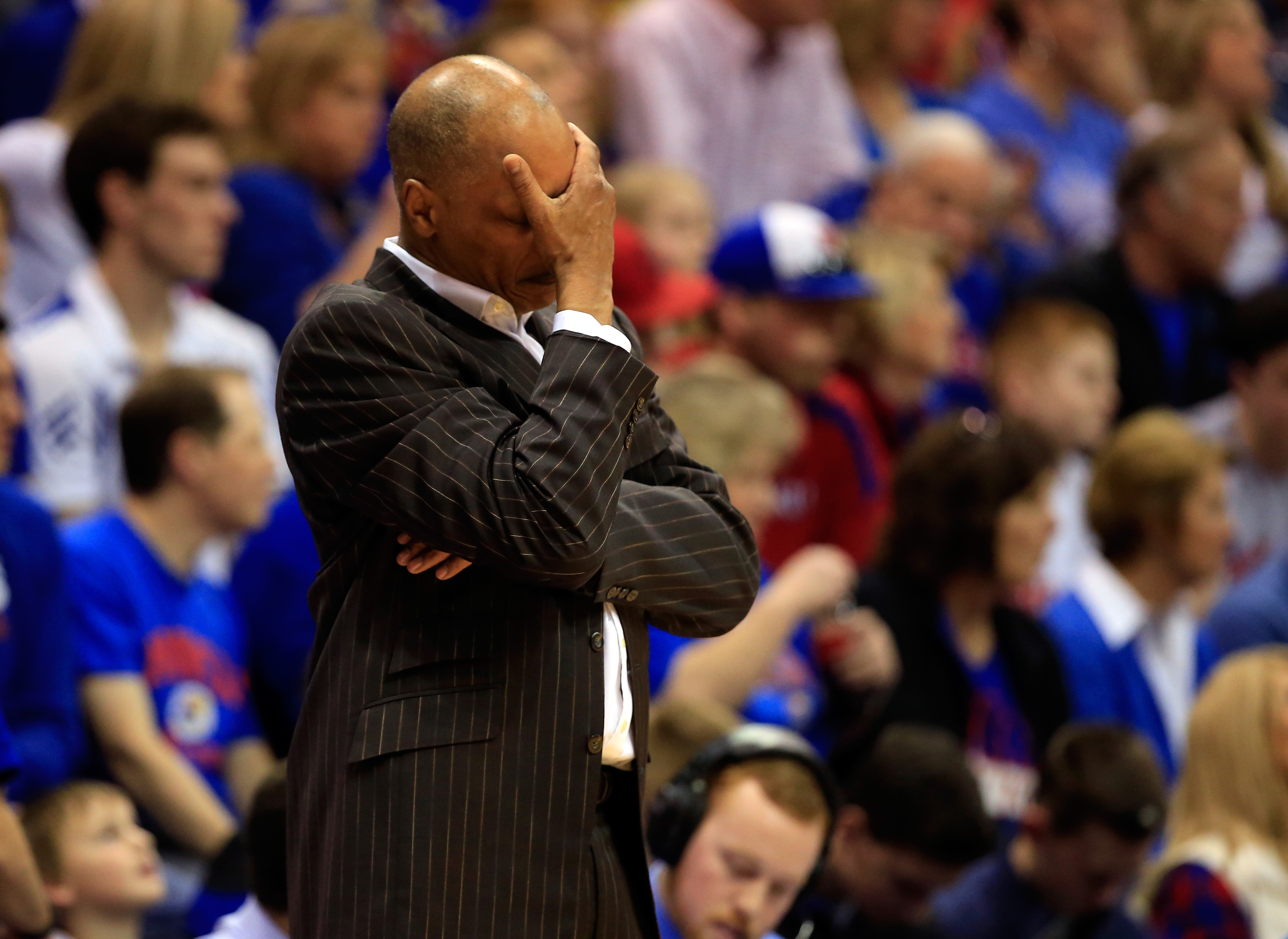 LAWRENCE, KS - FEBRUARY 21: Head coach Trent Johnson of the TCU Horned Frogs reacts during the second half of the game against the Kansas Jayhawks at Allen Fieldhouse on February 21, 2015 in Lawrence, Kansas. (Photo by Jamie Squire/Getty Images)