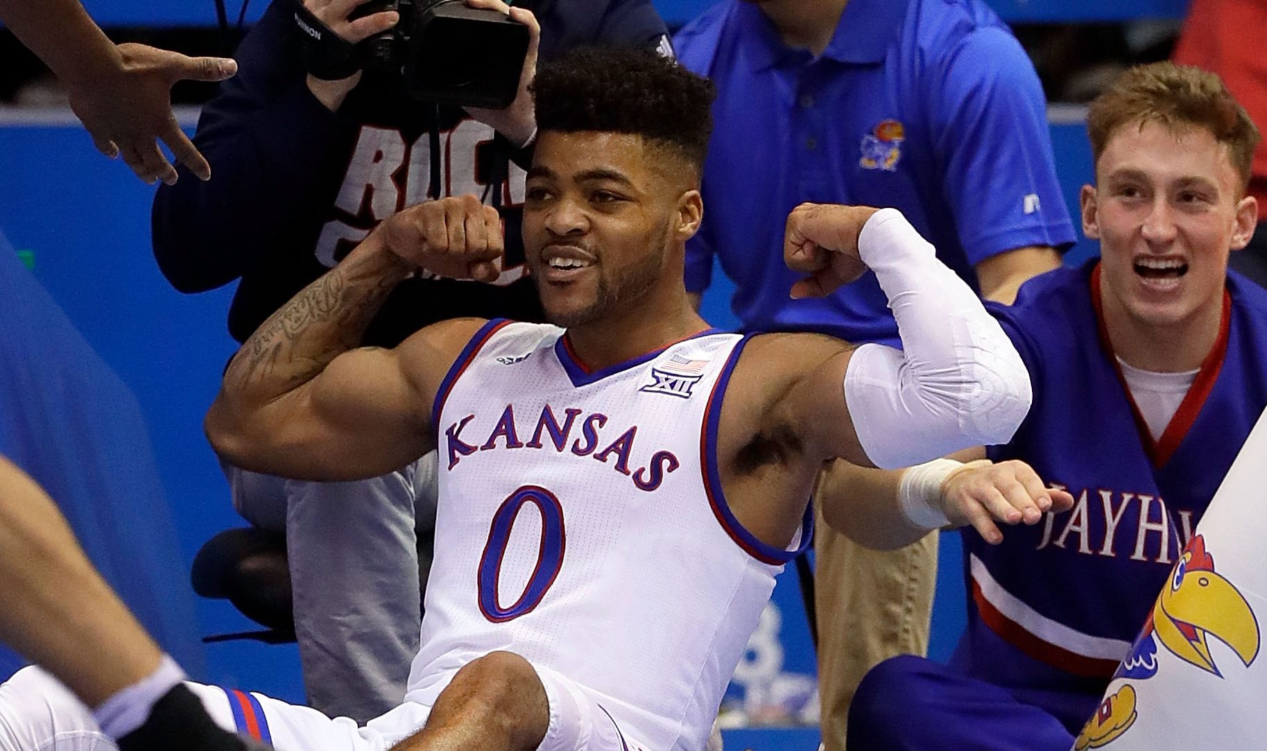 LAWRENCE, KS - DECEMBER 03: Frank Mason III #0 of the Kansas Jayhawks is reacts after making a basket during the game against the Stanford Cardinal at Allen Fieldhouse on December 3, 2016 in Lawrence, Kansas. (Photo by Jamie Squire/Getty Images)