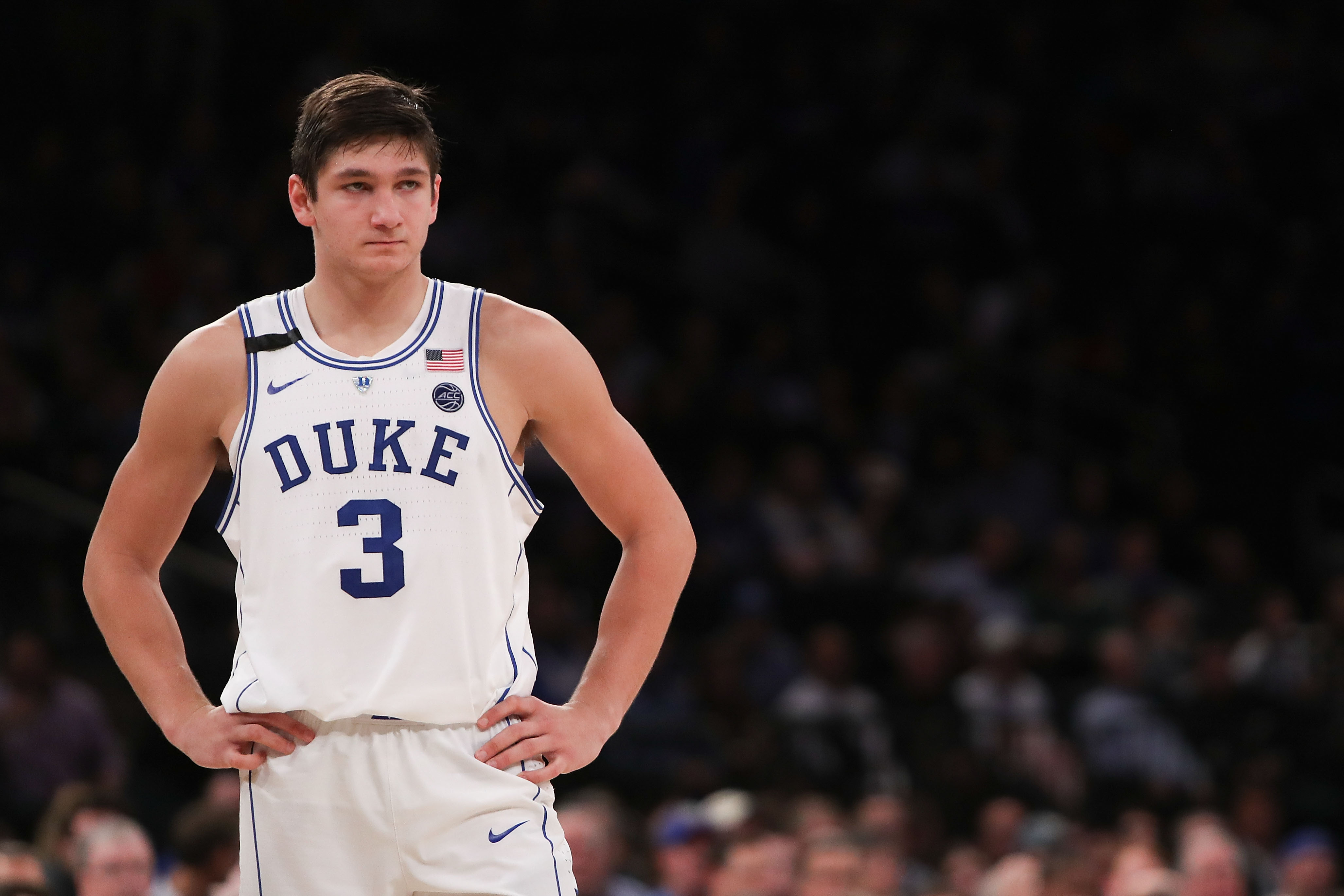NEW YORK, NY - DECEMBER 06:  Grayson Allen #3 of the Duke Blue Devils looks on against the Florida Gators in the second half during the Jimmy V Classic at Madison Square Garden on December 6, 2016 in New York City.  (Photo by Michael Reaves/Getty Images)