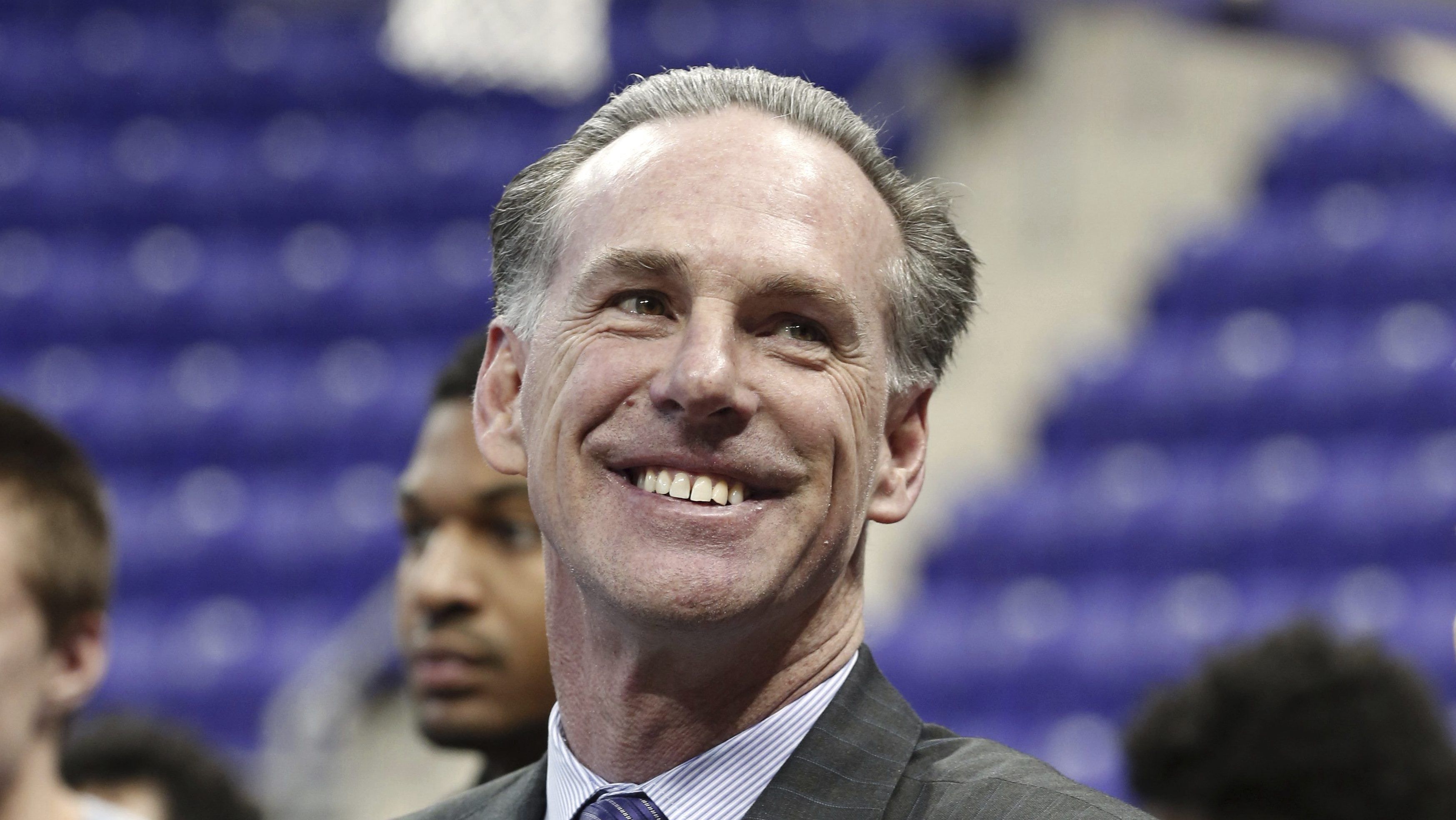 FILE - In this March 22,, 2016, file photo, TCU's new men's basketball coach Jamie Dixon acknowledges the crowds response as he was introduced during an NCAA college basketball news conference, in Fort Worth, Texas. Dixon’s Horned Frogs have started 4-0 in his first season but have gone 8-64 in Big 12 play over the past four years. (Ron T. Ennis/Star-Telegram via AP, File)