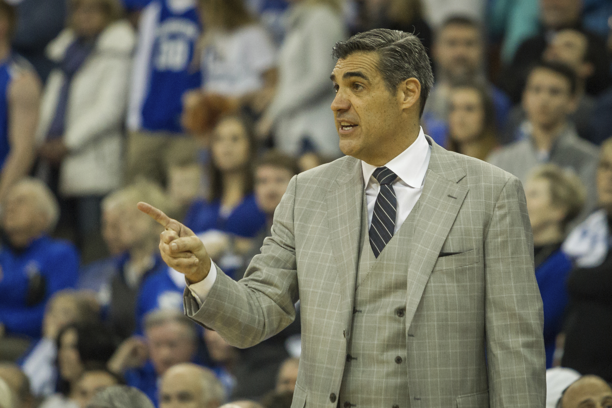 Villanova head coach Jay Wright gives instructions to his players during the second half of an NCAA college basketball game against Creighton in Omaha, Neb., Saturday, Dec. 31, 2016. Villanova defeated Creighton 80-70. (AP Photo/John Peterson)