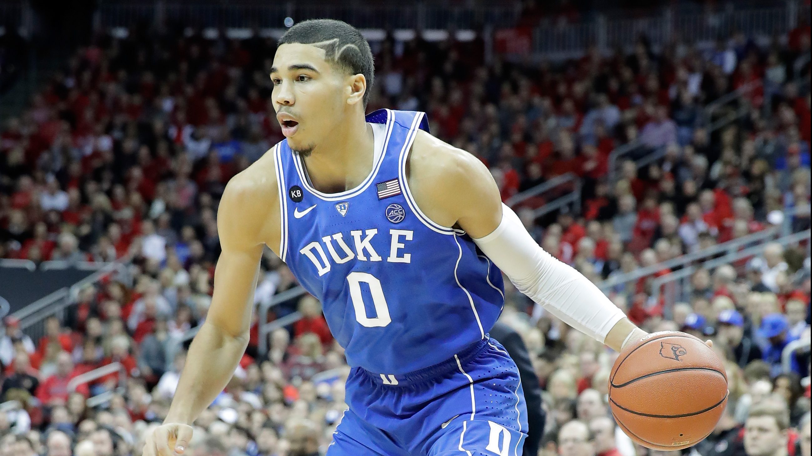 LOUISVILLE, KY - JANUARY 14: Jayson Tatum #0 of the Duke Blue Devils dribbles the ball during the game against the Louisville Cardinals at KFC YUM! Center on January 14, 2017 in Louisville, Kentucky. (Photo by Andy Lyons/Getty Images)