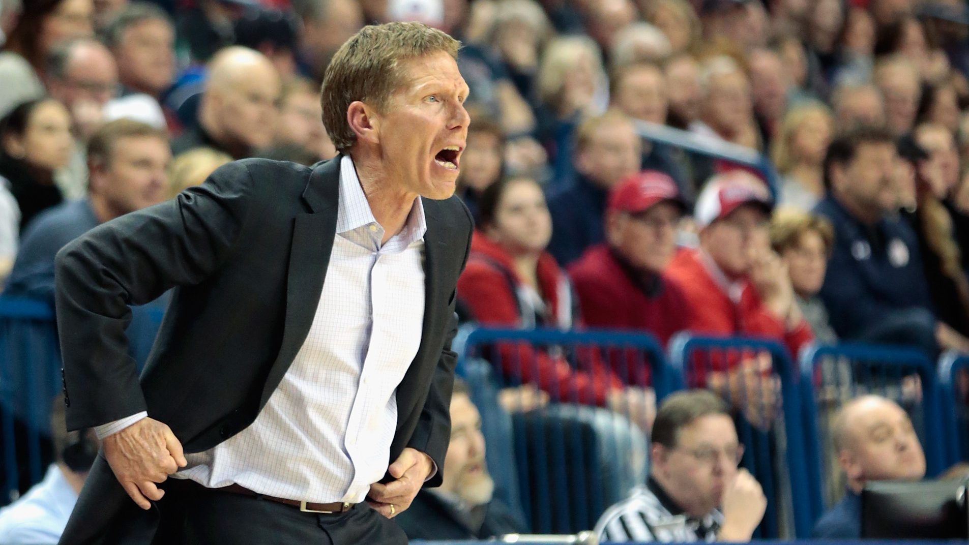 SPOKANE, WA - FEBRUARY 25: Head coach Mark Few of the Gonzaga Bulldogs works from the sideline in the second half against the BYU Cougars at McCarthey Athletic Center on February 25, 2017 in Spokane, Washington. BYU defeated Gonzaga 79-71. (Photo by William Mancebo/Getty Images)