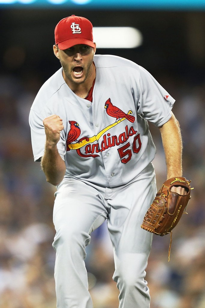 LOS ANGELES, CA - JUNE 26: Adam Wainwright #50 of the St. Louis Cardinals celebrates ater a double play ending the sixth inning against the the Los Angeles Dodgers at Dodger Stadium on June 26, 2014 in Los Angeles, California. (Photo by Joe Scarnici/Getty Images)