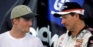 Earnhardts Jr. and Sr. pose for a photograph