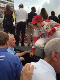 Brad Keselowski, right, chats with NASCAR Hall of Famer Bobby Allison prior to the Southern 500. Keselowskis No. 2 Ford was painted like a car driven by Allison in the 1980s. Photo 
