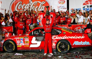 CONCORD, NC - MAY 25: Kasey Kahne, driver of the #9 Budweiser Dodge, celebrates in victory lane after winning the NASCAR Sprint Cup Series Coca-Cola 600 on May 25, 2008 at Lowe's Motor Speedway in Concord, North Carolina. (Photo by John Harrelson/Getty Images for NASCAR)