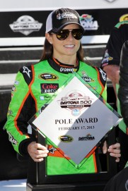 DAYTONA BEACH, FL - FEBRUARY 17: Danica Patrick, driver of the #10 GoDaddy.com Chevrolet, poses after winning the pole award for the NASCAR Sprint Cup Series Daytona 500 at Daytona International Speedway on February 17, 2013 in Daytona Beach, Florida. (Photo by Jerry Markland/Getty Images)