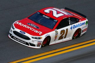 DAYTONA BEACH, FL - FEBRUARY 14: Ryan Blaney, driver of the #21 Motorcraft/Quick Lane Tire & Auto Center Ford, drives during qualifying for the NASCAR Sprint Cup Series Daytona 500 at Daytona International Speedway on February 14, 2016 in Daytona Beach, Florida. (Photo by Jeff Zelevansky/Getty Images)