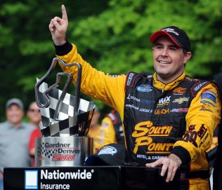 ELKHART LAKE, WI - JUNE 21: Brendan Gaughan, driver of the #62 South Point Chevrolet celebrates in Victory Lane after winning the NASCAR Nationwide Series Gardner Denver 200 Fired Up by Johnsonville at Road America, June 21, 2014 in Elkhart Lake, Wisconsin. (Photo by Rainier Ehrhardt/Getty Images)