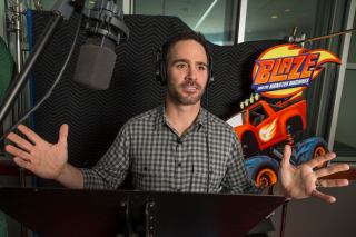 NASCAR driver Jimmie Johnson records his guest appearance on Nickelodeon’s Blaze and the Monster Machines. Photo: Bob Leverone/Nickelodeon 2015 Viacom International Inc.