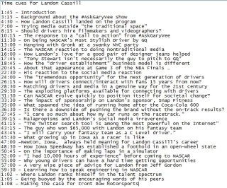 Landon Cassill time cues