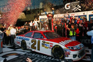 February 20, 2011, Daytona Beach, Florida, USA Trevor Bayne celebrates in Victory Lane after winning the 2011 Daytona 500 and Ford's 600th Cup Series victory. © 2011, Tyler Barrick Autostock USA