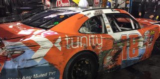 Kyle Busch's car in the garage after contact with Brad Keselowski late in Friday's Xfinity race at Bristol Motor Speedway. (Photo by Dustin Long)
