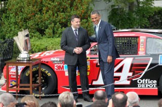 WASHINGTON, DC - APRIL 17: U.S. President Barack Obama and Nascar Sprint Cup Series Champion Tony Stewart have a conversation during a visit by the 2011 Chase for the NASCAR Sprint Cup drivers to the White House on April 17, 2012 in Washington, DC. President Obama hosted the 2011 NASCAR Sprint Cup Series Champion Tony Stewart to honor his championship season. (Photo by Ned Dishman/Getty Images for NASCAR)