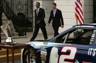 WASHINGTON, DC - APRIL 16: U.S. President Barack Obama (L) walks with Brad Keselowski, driver of Penske Racing #2 Miller Lite Ford Fusion, on the driveway at the White House April 16, 2013 in Washington, DC. President Obama is hosted an event to honor the 2012 NASCAR Sprint Cup Series Champion. (Photo by Mark Wilson/Getty Images)