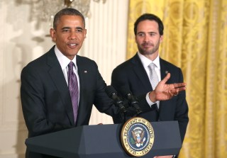 WASHINGTON, DC - JUNE 25: U.S. President Barack Obama (L) speaks about 2013 NASCAR Sprint Cup Series Champion Jimmie Johnson (R), during an event in the East Room of the White House on June 25, 2014 in Washington, DC. Johnson was honored for winning his 6th Sprint Cup championship. (Photo by Mark Wilson/Getty Images)