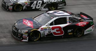 BRISTOL, TN - AUGUST 21: Austin Dillon, driver of the #3 DOW - Great Stuff Chevrolet, and Jimmie Johnson, driver of the #48 Kobalt Chevrolet, race during the NASCAR Sprint Cup Series Bass Pro Shops NRA Night Race at Bristol Motor Speedway on August 21, 2016 in Bristol, Tennessee. The race was delayed due to inclement weather on Saturday, August 20. (Photo by Sean Gardner/Getty Images)
