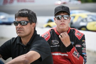 INNISFIL, ON - JUNE 18: JUNE 18: Cayden Lapcevich, driver of the #76 Fastline Motorsports Dodge sits with his dad, Jeff Lapcevich, after qualifying on the pole at the NASCAR Pinty's Series Leland 300 Presented by Dickies at Sunset Speedway on June 18, 2016 in Innisfil, Canada. (Photo by Matthew Manor/NASCAR via Getty Images) *** Local Caption *** Cayden Lapcevich; Jeff Lapcevich