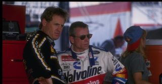 21 Jul 1995: Rusty Wallace (left) and Mark Martin look on during the qualifying heats for the NASCAR Diehard 500 at Talladega Superspeedway in Talladega, Alabama. Mandatory Credit: Jamie Squire /Allsport