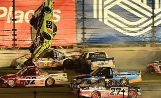DAYTONA BEACH, FL - FEBRUARY 24: Matt Crafton, driver of the #88 Goof Off/Menards Toyota, flips during the NASCAR Camping World Truck Series NextEra Energy Resources 250 at Daytona International Speedway on February 24, 2017 in Daytona Beach, Florida. (Photo by Jared C. Tilton/Getty Images)