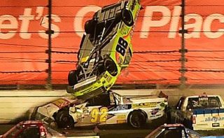 DAYTONA BEACH, FL - FEBRUARY 24: Matt Crafton, driver of the #88 Goof Off/Menards Toyota, flips during the NASCAR Camping World Truck Series NextEra Energy Resources 250 at Daytona International Speedway on February 24, 2017 in Daytona Beach, Florida. (Photo by Jared C. Tilton/Getty Images)